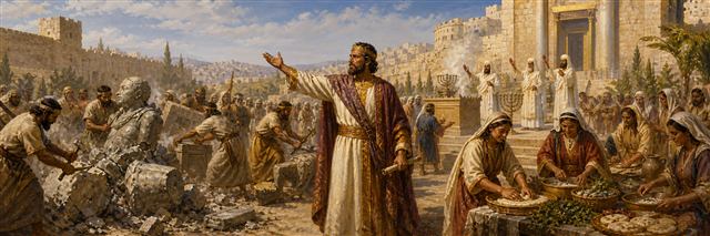 King Josiah leading idol removal as priests and households prepare the Passover